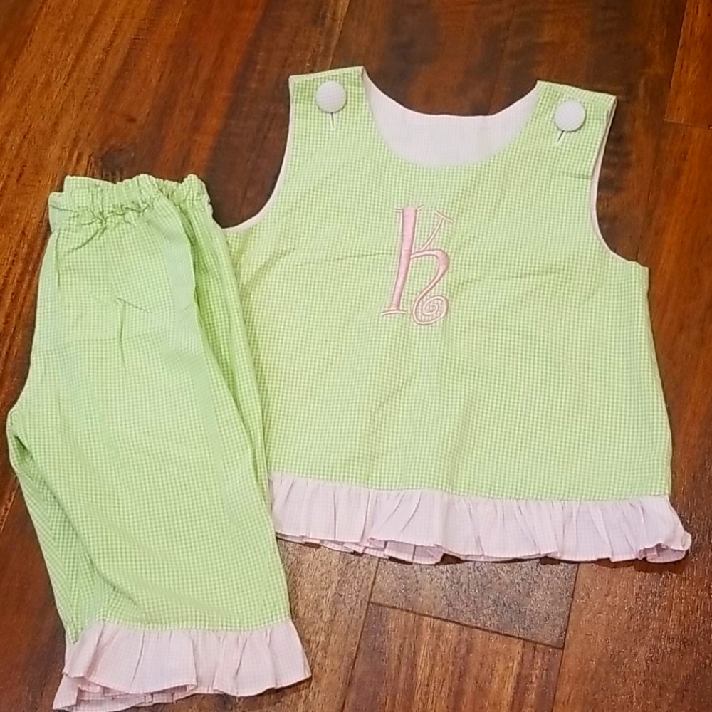 Girls Gingham Size 24 month 2T "K" monogram smock 2 Piece Green Pink Ruffles
